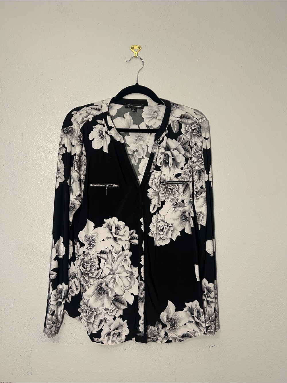 INC International Concepts Black and White Floral Button-Down Blouse